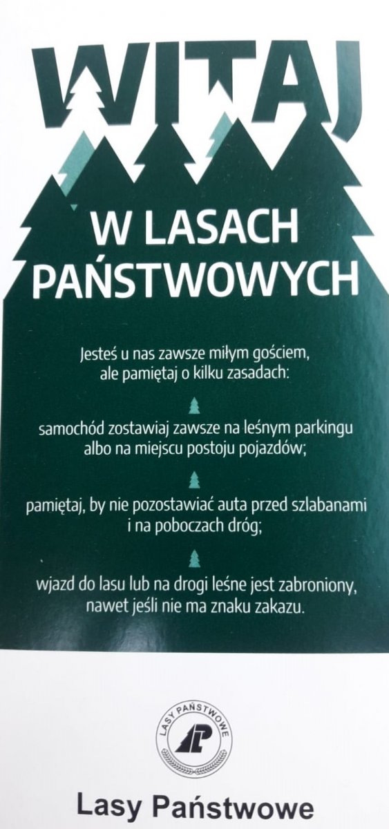 Infografika na której zamieszczone są zielone choinki. Nad choinkami napis WITAJ. Na tle choinek napisy: W LASACH PAŃSTWOWYCH. Poniżej napisy: Jesteś zawsze u nas mile widziany, ale pamiętaj o kilku zasadach: samochód zostawiaj zawsze na leśnym parkingu albo na miejscu postoju pojazdów; pamiętaj by nie pozostawiać auta nigdy przed szlabanami i poboczami dróg; wjazd do lasu lub na drogi leśne jest zabroniony, nawet jeśli nie ma znaku zakazu. Poniżej logo i napis LASY PAŃSTWOWE.