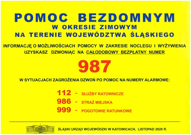 Żółty plakat, na którym znajdują się numery telefonów, pod którymi można szukać pomocy w zakresie noclegu i wyżywienia oraz wskazujące, gdzie należy dzwonić w przypadku zagrożenia.