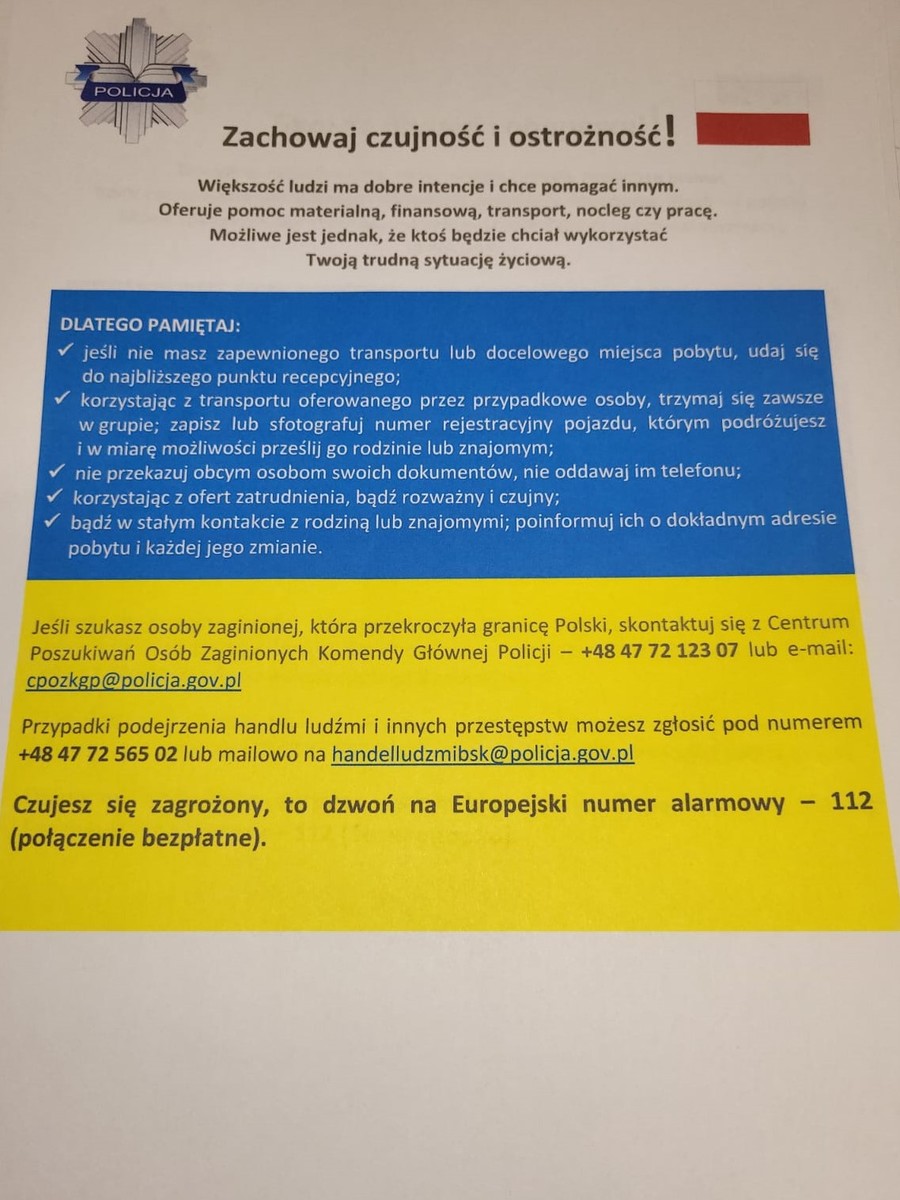 Ulotka informacyjna dla uchodźców związana z bezpieczeństwem obywateli Ukrainy stworzona przed przedstawicieli Policji w kolorze żółto-niebieskim, aby zachowali ostrożność i czujność. 