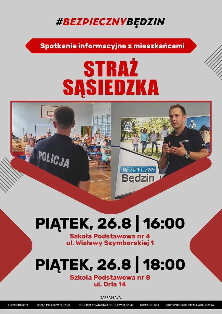 Plakat na którym znajdują się informacje odnośnie spotkań ze społeczeństwem w sprawie wystąpień odnośnie porzeciwdziałania włamaniom do mieszkań. Grafika przedstawia umundurowanego policjanta prowadzączego spotkanie, poniżej znajdują się terminy spotkań wraz z godzinami. 