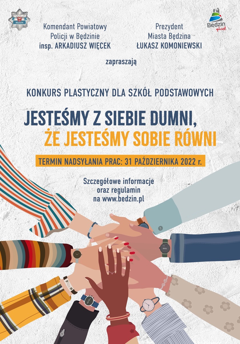 Kolorowy plakat plastycznego konkursu pod nazwą "Jesteśmy z siebie dumni, że jesteśmy sobie równi". Na dole połączone w kręgu dłonie różnego odcienia skóry. 