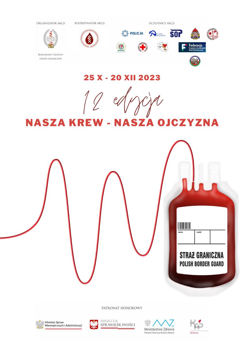 Plakat akcji Nasza Kew - Nasza ojczyzna przedstawiający grafikę - woreczek z krwią i zawierający napis z hasłem kampanii oraz logo i nazwy jej partnerów.