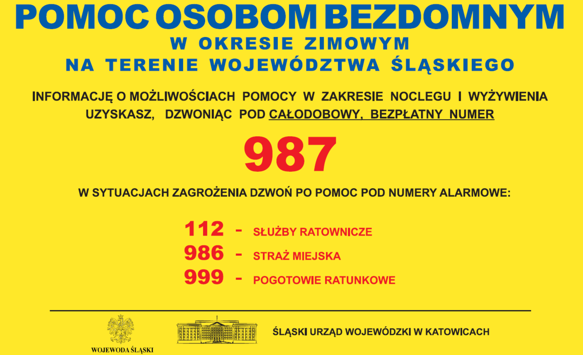 Żółty plakat, na którym znajdują się numery telefonów, pod którymi można szukać pomocy w zakresie noclegu i wyżywienia oraz wskazujące, gdzie należy dzwonić w przypadku zagrożenia.