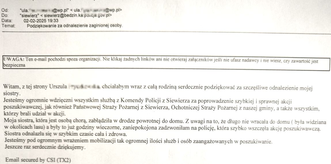 Treść podziękowań dla policjantów.