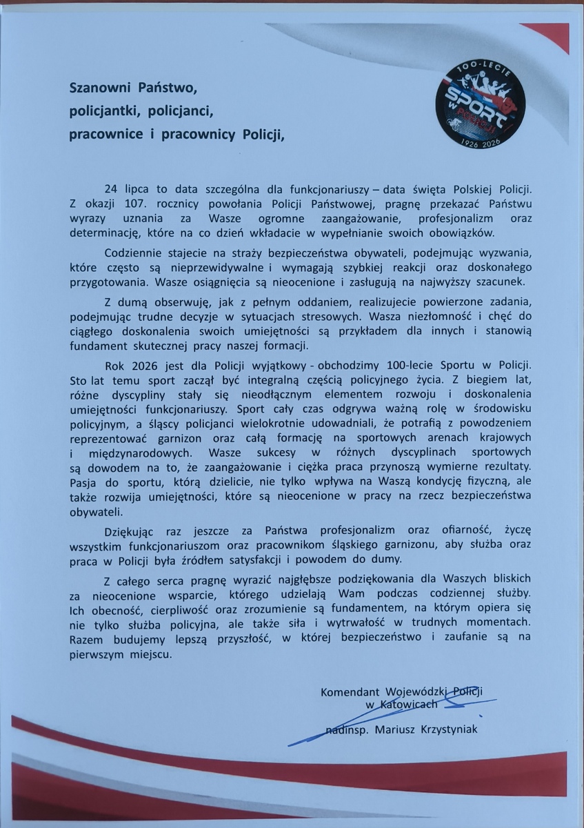 Życzenia od Komendanta Wojewódzkiego Policji, nadinspektora Mariusza Krzystyniaka z okazji Święta Policji. 