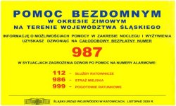 Pomoc dla bezdomnych - plakat akcji z telefonami kontaktowymi