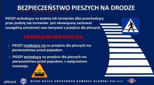 Grafika z informacjami o zmianach przepisów: BEZPIECZEŃSTWO PIESZYCH NA DRODZE Wybrane zmiany w przepisach ruchu drogowego obowiązujące od 1.06.2021 r.Pieszy wchodzący na jezdnię lub torowisko albo przechodzący przez jezdnię lub torowisko jest obowiązany zachować szczególną ostrożność oraz korzystać z przejścia dla pieszych. PIERWSZEŃSTWO PIESZYCH Pieszy znajdujący się na przejściu dla pieszych ma pierwszeństwo przed pojazdem. Pieszy wchodzący na przejście dla pieszych ma pierwszeństwo przed pojazdem, z wyłączeniem tramwaju. BIURO RUCHU DROGOWEGO KOMENDY GŁÓWNEJ POLICJI