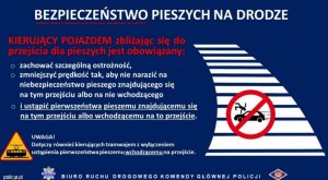 Grafika przedstawia napisy informujące o zmianach w przepisach ruchu drogowego Kierujący pojazdem zbliżając się do przejścia dla pieszych jest zobowiązany : zachowania szczególnej ostrożności,zmniejszenia prędkości aby nie narazić pieszego na niebezpieczeństwo, który się znajduje na przejściu, ustąpić pierwszeństwa pieszemu znajdującemu się na przejściu albo wchodzącemu na przejście. BIURO RUCHU DROGOWEGO KOMENDY GŁÓWNEJ POLICJI