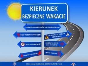 Obrazek - grafika z napisem kierunek bezpieczne wakacje. Przestrzegaj przepisów ruchu drogowego, bądź trzeźwy i wypoczęty, zachowaj szczególną ostrożność, dostosuj prędkość, obserwuj drogę i jej otoczenie, korzystaj z pasów, odłóż telefon.