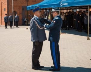 Komendant Wojewódzki Policji w Katowicach nadinsp. Roman Rabsztyn wręczający medal Komendantowi Powiatowemu Policji w Będzinie Arkadiuszowi Więckowi.