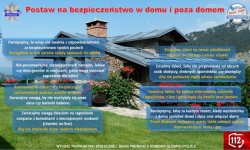 Infografika. Na tle zdjęcia domu jednorodzinnego w niebieskich prostokątach umieszczono porady dotyczące bezpieczeństwa podczas przebywania w domu i poza domem:
Pamiętajmy, że urlop nie zwalnia z odpowiedzialności za bezpieczeństwo twoich pociech.
Szczególnie w tym okresie należy zapewnić im opiekę.
Nie pozostawiajmy niebezpiecznych narzędzi, leków czy detergentów w miejscach, gdzie mogą stanowić zagrożenie dla dzieci.
Rozmawiajmy z dziećmi o bezpiecznych zachowaniach podczas pobytu w domu.
Przypominajmy, by nie wychylały się przez okna czy barierki balkonu.
Zwracajmy uwagę dzieciom na zagrożenia związane z kontaktami z nieznajomymi osobami (również on-line).
Aby nie otwierały drzwi osobom nieznajomym.
Edukujmy dzieci na temat szkodliwości sięgania po różnego rodzaju używki.
Uczulmy dzieci, żeby nie przyjmowały od obcych osób słodyczy, drobnych upominków czy pieniędzy.
Aby nie podawały nigdy adresu zamieszkania.
Nauczmy dzieci, by zawsze informowały rodziców i opiekunów, z kim i gdzie będą się bawiły poza domem.
Pamiętajmy, żeby za każdym razem, kiedy wychodzimy z domu zamykać drzwi i okna oraz włączyć alarm.
Przed dłuższym wyjazdem warto także zakręcić zawory doprowadzające wodę i gaz.
Po obu stronach zdjęcia widnieją logotypy Policji oraz akcji Kręci mnie bezpieczeństwo. Na dole strony w prawym dolnym rogu widać logotyp numeru ratunkowego 112. Na dole strony umieszczono  napis białą czcionką  Wydział Profilaktyki Społecznej Biura Prewencji Komendy Głównej Policji.