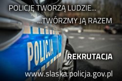 Grafika przedstawiająca prawy bok policyjnego radiowozu. Na grafice napis: &quot; POLICJĘ TWORZĄ LUDZIE... TWÓRZMY JĄ RAZEM&quot; REKRUTACJA
www.slaska.policja.gov.pl