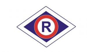 Logo ruchu drogowego. Litera R w rombie.