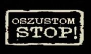 Biały napis na czarnym tle: OSZUSTOM STOP!