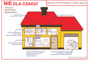 Zdjęcie kolorowe: grafika przedstawiająca dom z podziałem na poszczególne pomieszczenia z radami dotyczącymi jak zabezpieczyć się przed czadem o treści: Nie dla czadu. Miejsce powstawania tlenku węgla. Trujący, bezbarwny, bezwonny. Uszkodzony lub zatkany komin. Brak wentylacji. Szczelnie zamknięte okna i drzwi (brak mikrowentylacji). Niewłaściwy montaż podgrzewacza.  Niewłaściwe wentylowane kominki na gaz i drewno. Niedrożna kratka wentylacyjna. Używanie urządzeń i pojazdów napędzanych benzyna w pomieszczeniach zamkniętych.