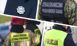 Zdjęcie które przedstawia wycinki z różnych zdjęć przedstawiające sylwetkę funkcjonariuszy policji, straży granicznej czy też strażaków