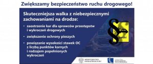 Niebieski plakat z napisem ZWIĘKSZAMY BEZPIECZEŃSTWO RUCHU DROGOWEGO. Po lewej stronie wypisane zmiany, po prawej stronie żółty znaczek z napisem wypadki oraz znak paragrafu.