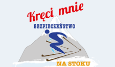 napis: kręci mnie bezpieczeństwo na stoku. Widoczny jest też wizerunek narciarza na tle góry.