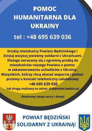 grafika: Drodzy mieszkańcy Powiatu Będzińskiego!

Dzisiaj wszyscy jesteśmy solidarni z Ukraińcami.

Dlatego zwracamy się z ogromną prośbą do mieszkańców naszego Powiatu o pomoc w zakwaterowaniu uchodźców z Ukrainy. Wszystkich, którzy chcą okazać wsparcie i pomoc prosimy o kontakt telefoniczny całodobowy: +48 695 639 036 lub drogą mailową na adres: zk@powiat.bedzin.pl
 

Otwórzmy swoje serca i domy!