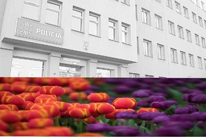 Grafika przedstawia Komende Powiatową Policji w Będzinie, na dole znajdują się kwiaty.