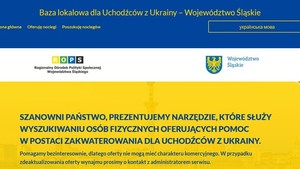 Grafika w kolorach: niebieskim, białym i niebieskim, na której zawarte są informacje dotyczące baz lokalowych dla uchodźców z Ukrainy- Województwo Śląskie