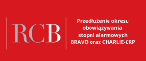 infografika, na której są umieszczone napisy na czerwonym tle. Po lewej napis RCB. Po prawej informacja: Przedłużenie okresu obowiązywania stopni alarmowych BRAVO oraz CHARLIE -CRP