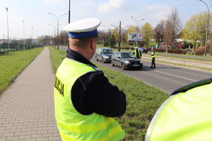 Na pierwszym planie widoczny policjant drogówki stojący przy drodze. W oddali widoczni policjanci podejmujący czynności służbowe na drodze.