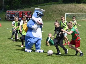 Policyjna maskotka gra z dziećmi ba boisku piłkarskim.