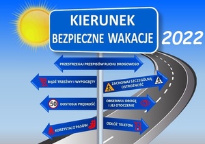 Infografika na której widoczna jest droga, słońce  oraz znaki drogowe w formie porad na wakacje.