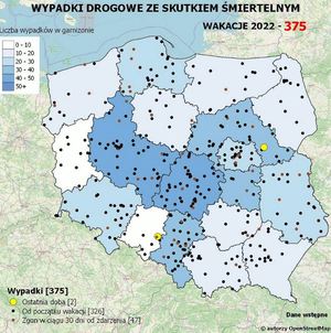 Mapa Polski, na której są zaznaczone wypadki ze skutkiem śmiertelnym.