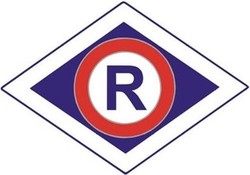 Niebieska litera R w rombie-symbol ruchu drogowego.