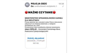 zdjęcie wiadomości, w której oszuści  podpisują się jako Komendant Centralnego Biura Zwalczania Cyberprzestępczości – Adam Cieślak.