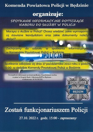 Plakat informacyjny w sprawie spotkania dotyczącego naboru do służby w Policji w Komendzie Powiatowej Policji w Będzinie w dniu 27.10.2022 roku o godzinie 15.00
