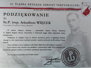 Podziękowanie dla Komendanta Powiatowego Policji w Będzinie od Dowódcy 13.Śląskiej Brygady Obrony Terytorialnej w Katowicach.