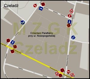 mapa przedstawiająca organizację ruchu przy cmentarzu na ul. Nowopogońskiej