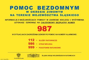 Żółty plakat, na którym znajdują się numery telefonów, pod którymi można szukać pomocy w zakresie noclegu i wyżywienia oraz wskazujące, gdzie należy dzwonić w przypadku zagrożenia.