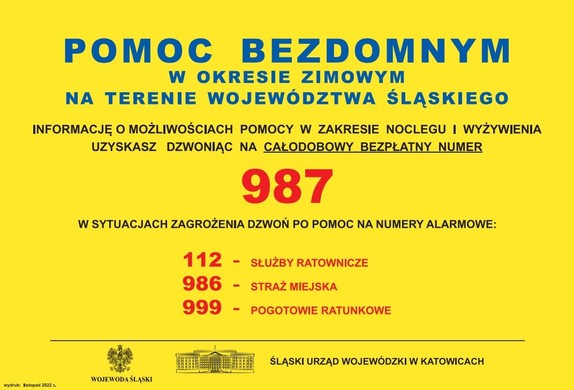 Żółty plakat, na którym znajdują się numery telefonów, pod którymi można szukać pomocy w zakresie noclegu i wyżywienia oraz wskazujące, gdzie należy dzwonić w przypadku zagrożenia.