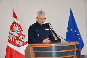 Na zdjęciu I Zastępca Komendanta Wojewódzkiego Policji w Katowicach podczas wystąpienia.