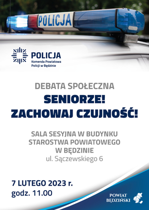 Plakat, na którym znajdują się informacje dotyczące debaty społecznej pod nazwą &quot;Seniorze! zachowaj czujność&quot;, związana z oszustwami.