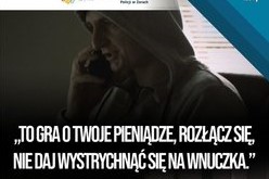 Infografika na której widać mężczyznę w kapturze, na środku duży napis: To gra o twoje pieniądze, rozłącz się. Nie daj wystrychnąć się na wnuczka.