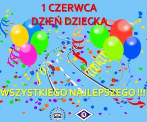 Plakat, na którym są kolorowe balony i napis:  1 CZERWCA DZIEŃ DZIECKA WSZYSTKIEGO NAJLEPSZEGO, a pod napisem gwiazda policyjna oraz symbol ruchu drogowego.