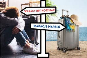 Na środku zdjęcia widoczny drogowskaz z dwiema strzałkami, strzałka skierowana w lewo z napisem &amp;quot; wakacyjny koszmar&amp;quot; oraz strzałka skierowana w prawo z napisem &amp;quot;wakacje marzeń&amp;quot;. Po lewej strony zdjęcia widoczna siedząca kobieta przy walizce z głową schowaną w kolanach. Po prawej stronie zdjęcia widoczna walizka na plaży w tle morza. Na walizce widoczne okulary przeciwsłoneczne i kapelusz.