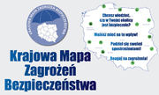 Logo Krajowej Mapy Zagrożeń Bezpieczeństwa, po prawej konturowa mapa Polski z hasłami.