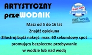 Kolorowy plakat zachęcający do wzięcia udziału w konkursie dotyczącym promowania bezpieczeństwa w wodzie lub nad wodą.