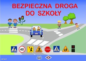 Plakat, który jest w pasetlowych kolorach, dominuje kolor niebieski i zielony. Przedstawia skrzyżowanie, na którym zbiegają się trzy jezdnie w kolorze szarym. Wzdłuż każdej jezdni znajduje się chodnik i prowadzą przez nie przejścia dla pieszych. Po chodniku idą dzieci a drogą jedzie samochód w kolorze niebieskim. Pasażerowie samochodu mają zapięte pasy bezpieczeństwa.
Na tle niebieskiego nieba widnieje napis:Bezpieczna droga do szkoły. Na dole przedstawione są znaki drogowe, a pod nimi napis Biuro Ruchu Drogowego Komendy Głównej Policji. Po jednej stronie napisu znajduje się tzw. policyjny gwiazda i napis Pomagamy i chronimy,  a po drugiej logotyp Policji ruchu drogowego tzw. erka 
Na plakcie znajdują się też drzewa, słońce i sygnalizacja świetlna.