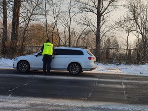 Zdjęcie, na którym policjant na drodze zatrzymuje do kontroli pojazd i sprawdza stan trzeźwości kierowcy.