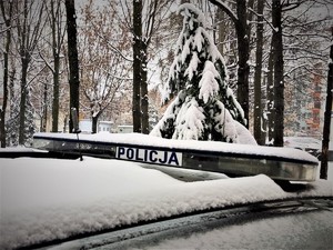 Na zdjęciu widzimy &quot;policyjne koguty&quot; w śnieżnej scenerii.