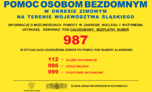 Żółty plakat, na którym znajdują się numery telefonów, pod którymi można szukać pomocy w zakresie noclegu i wyżywienia oraz wskazujące, gdzie należy dzwonić w przypadku zagrożenia.