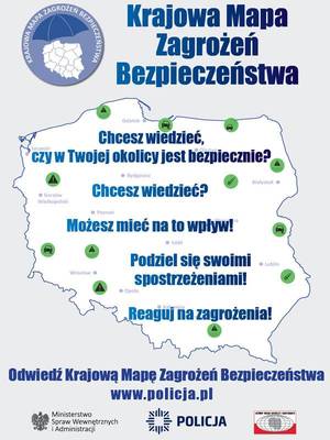 Infografika przedstawiająca mapę Polski. Na górze znajduje się napis Krajowa Mapa Zagrożeń Bezpieczeństwa.