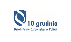 Infografika przedstawiająca niebieski napis na białym tle: 10 grudnia  Dzień Praw Człowieka w Policji.